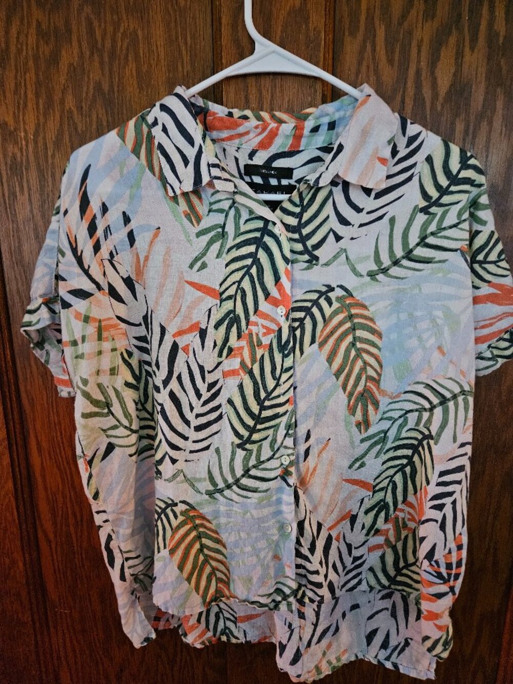 Tahari Women’s 100% Linen Multi Leaf Short Sleeve Button Up Shirt Size M